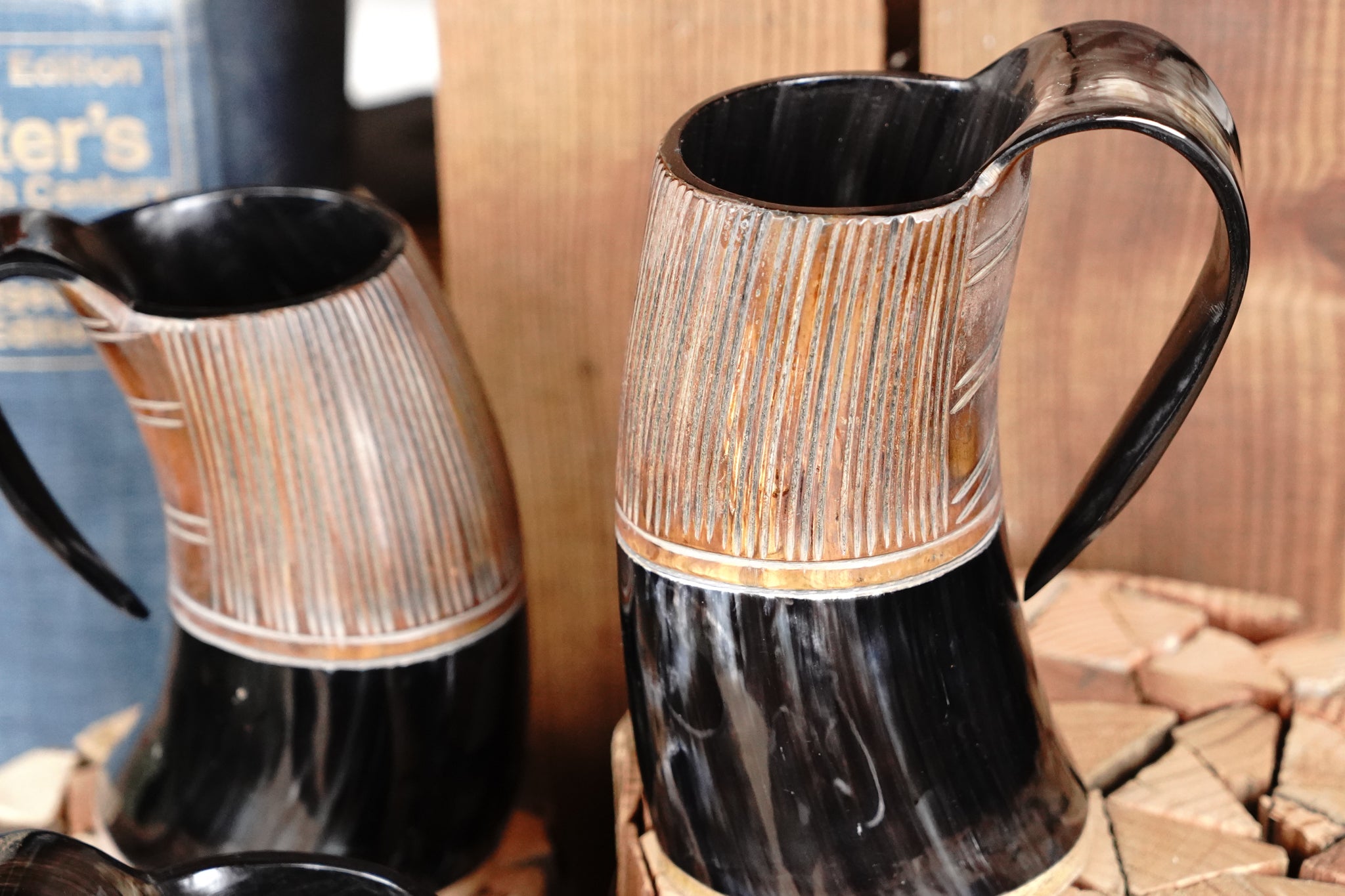 Two-Tone Horn Stein with Carved Motif and Wood Base - Size and Style Varying