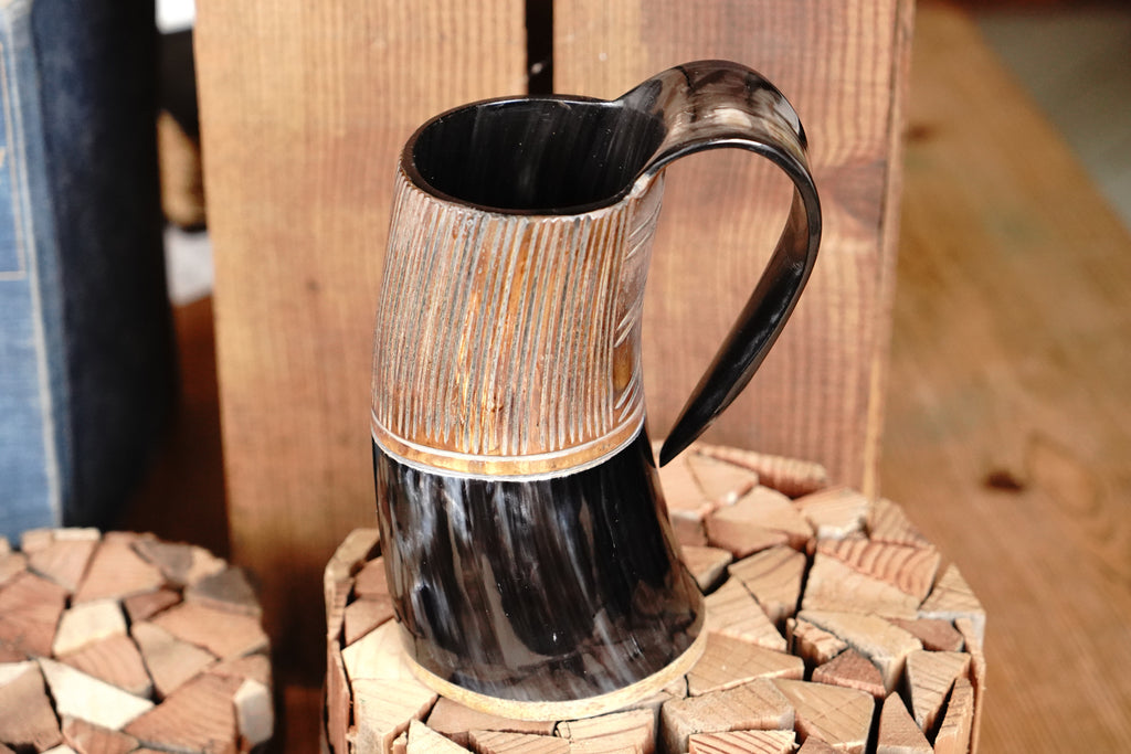 Two-Tone Horn Stein with Carved Motif and Wood Base - Size and Style Varying