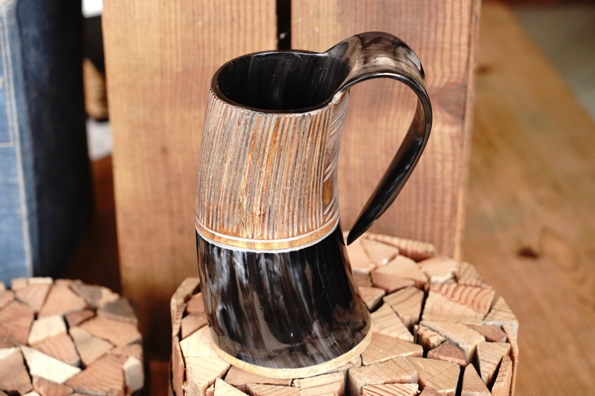 Two-Tone Horn Stein with Carved Motif and Wood Base - Size and Style Varying