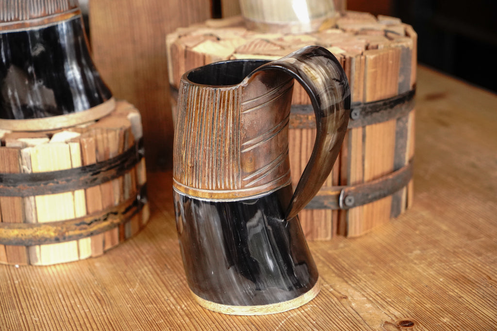 Two-Tone Horn Stein with Carved Motif and Wood Base - Size and Style Varying