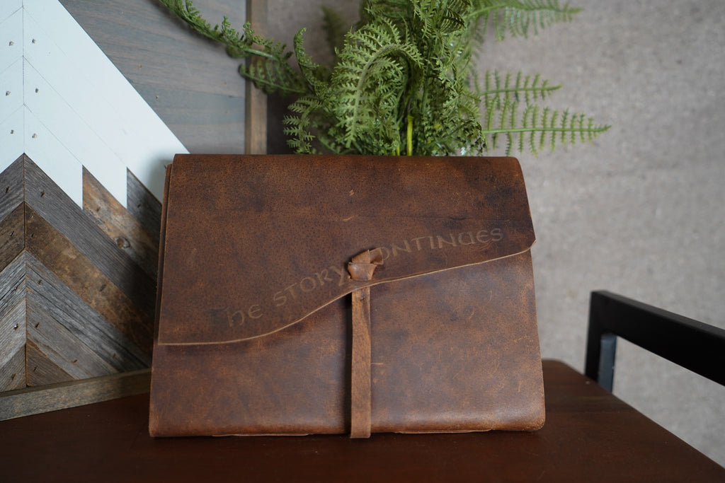 Genuine Leather Journal with Antiqued Handmade Pages, Leather Strip Closure, and Wooden Pencil