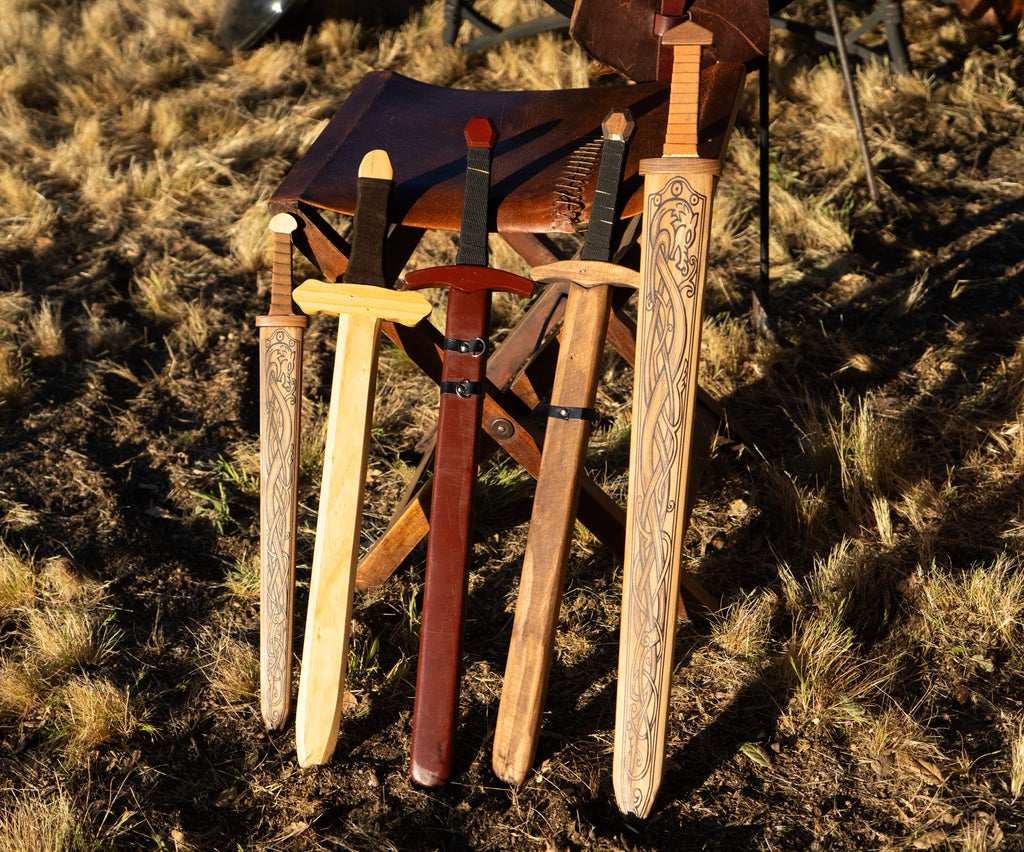 Large Wood Replica Viking Sword ith Norse Motif, Wooden Sheath with Leather Wrapped Handle