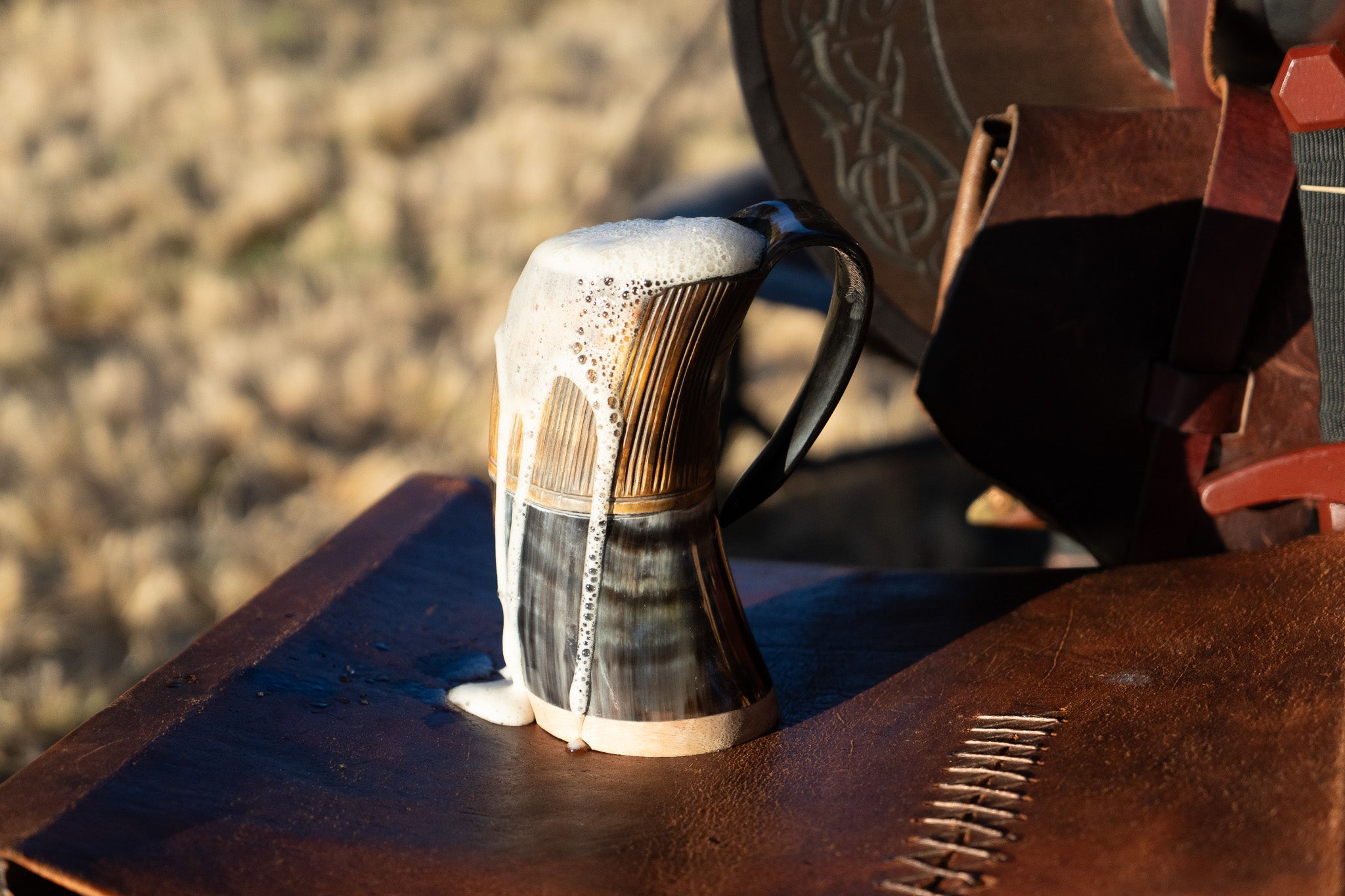 Two-Tone Horn Stein with Carved Motif and Wood Base - Size and Style Varying