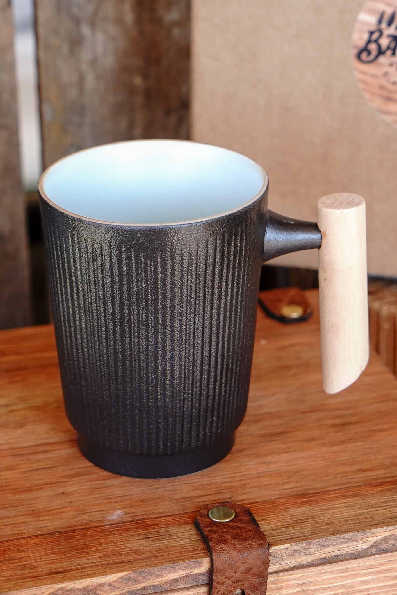 Ribbed Ceramic Charcoal Gray Mug with Wooden Handle