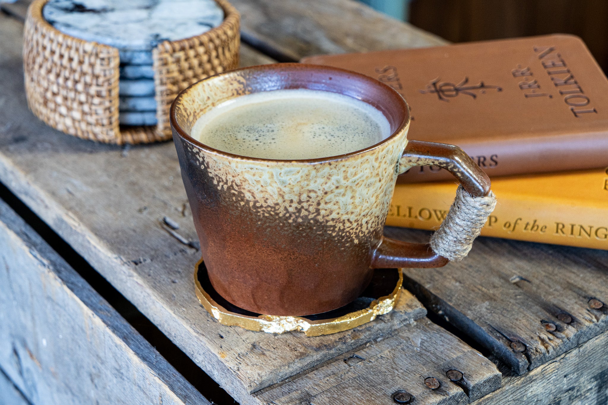 Rustic Handmade Ceramic Coffee Mug – Textured Stoneware with Earthy Glaze & Wrapped Handle