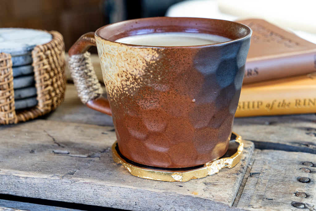 Rustic Handmade Ceramic Coffee Mug – Textured Stoneware with Earthy Glaze & Wrapped Handle