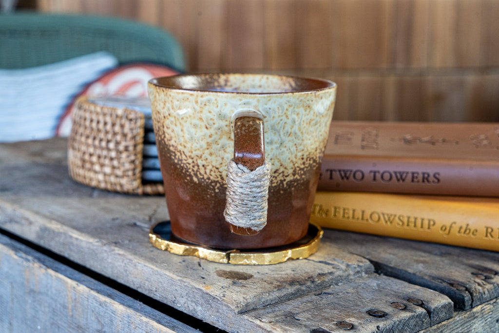 Rustic Handmade Ceramic Coffee Mug – Textured Stoneware with Earthy Glaze & Wrapped Handle