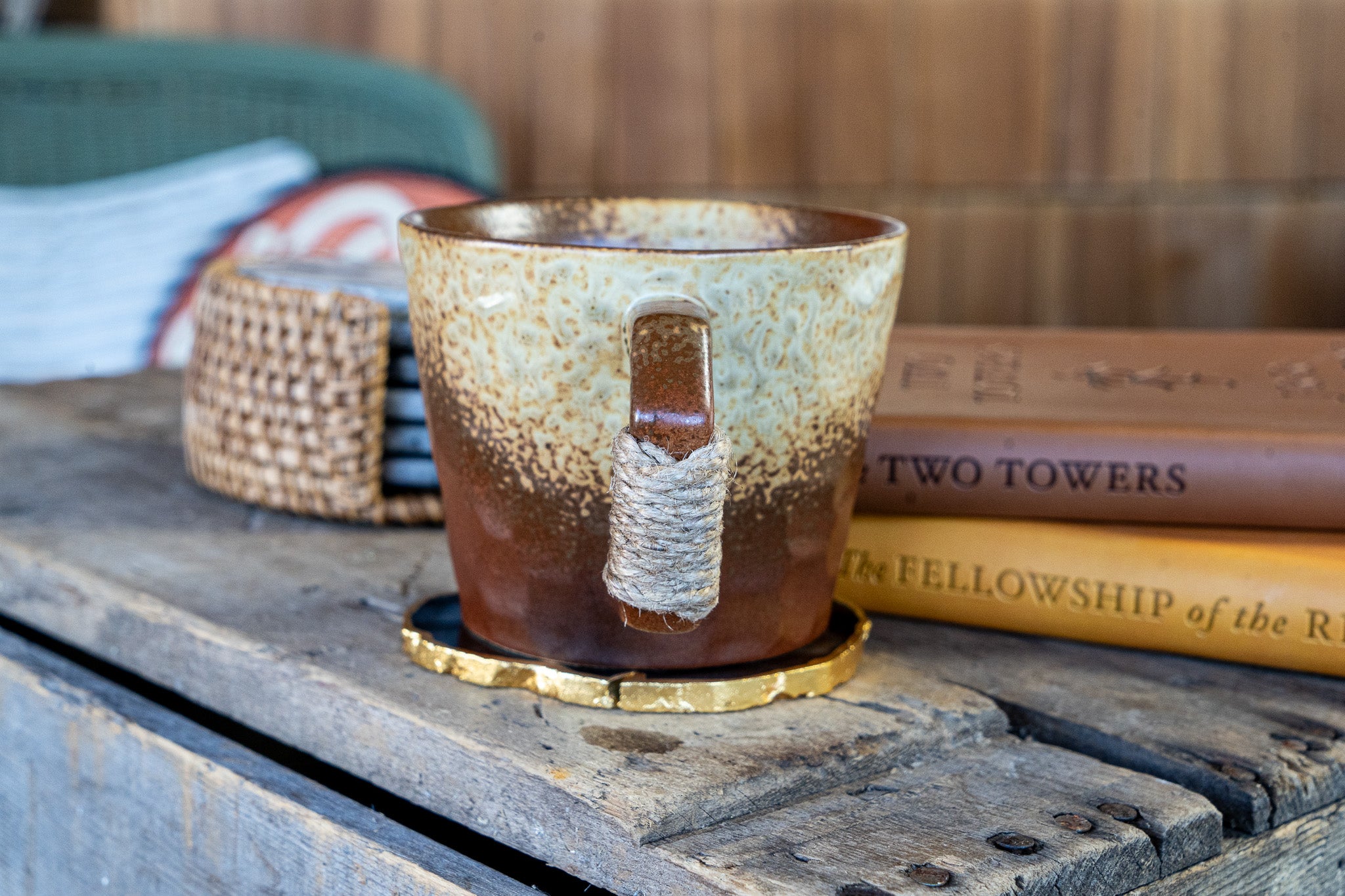 Rustic Handmade Ceramic Coffee Mug – Textured Stoneware with Earthy Glaze & Wrapped Handle
