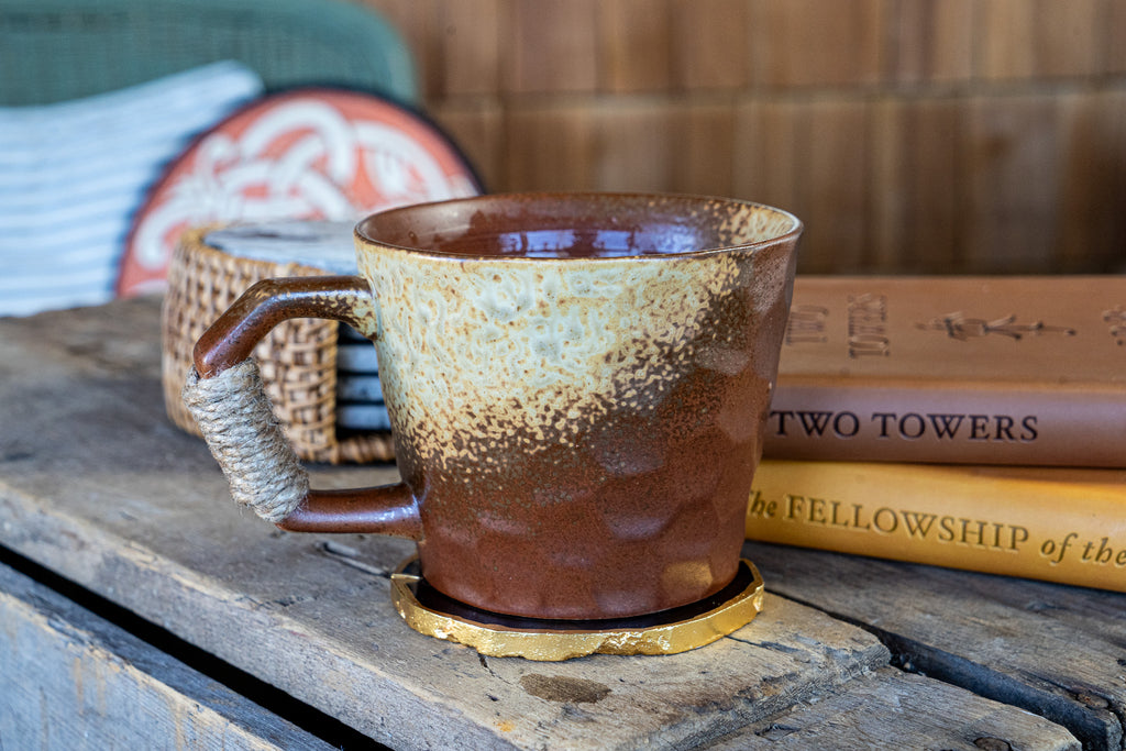 Rustic Handmade Ceramic Coffee Mug – Textured Stoneware with Earthy Glaze & Wrapped Handle