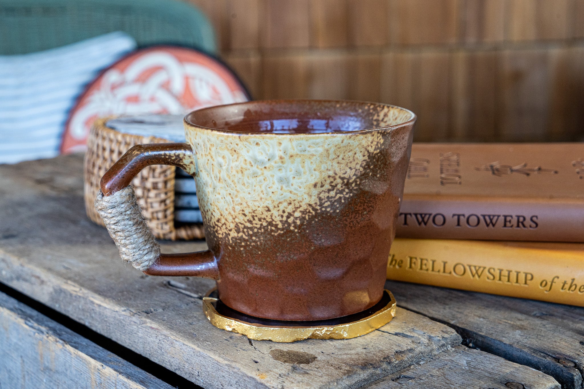 Rustic Handmade Ceramic Coffee Mug – Textured Stoneware with Earthy Glaze & Wrapped Handle