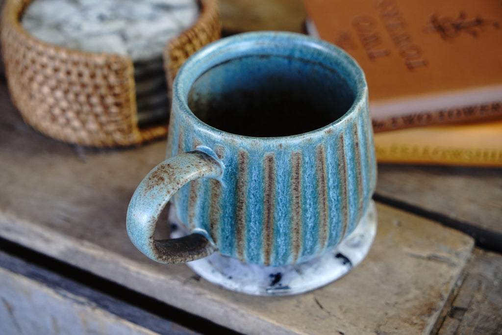 Handmade Vertical Stripe Turquoise Ceramic Vintage Pottery Mug 13oz