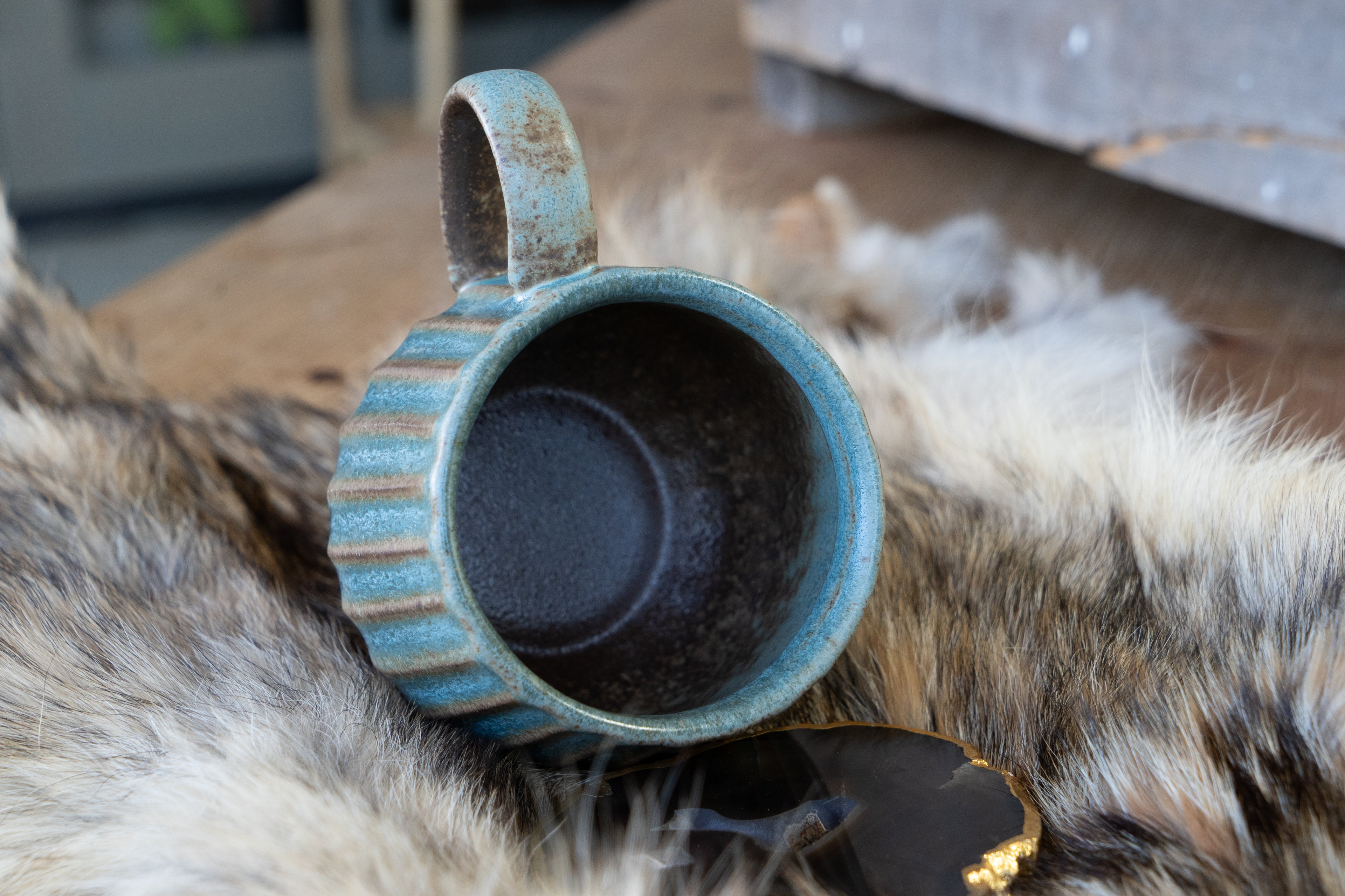 Handmade Vertical Stripe Turquoise Ceramic Vintage Pottery Mug 13oz