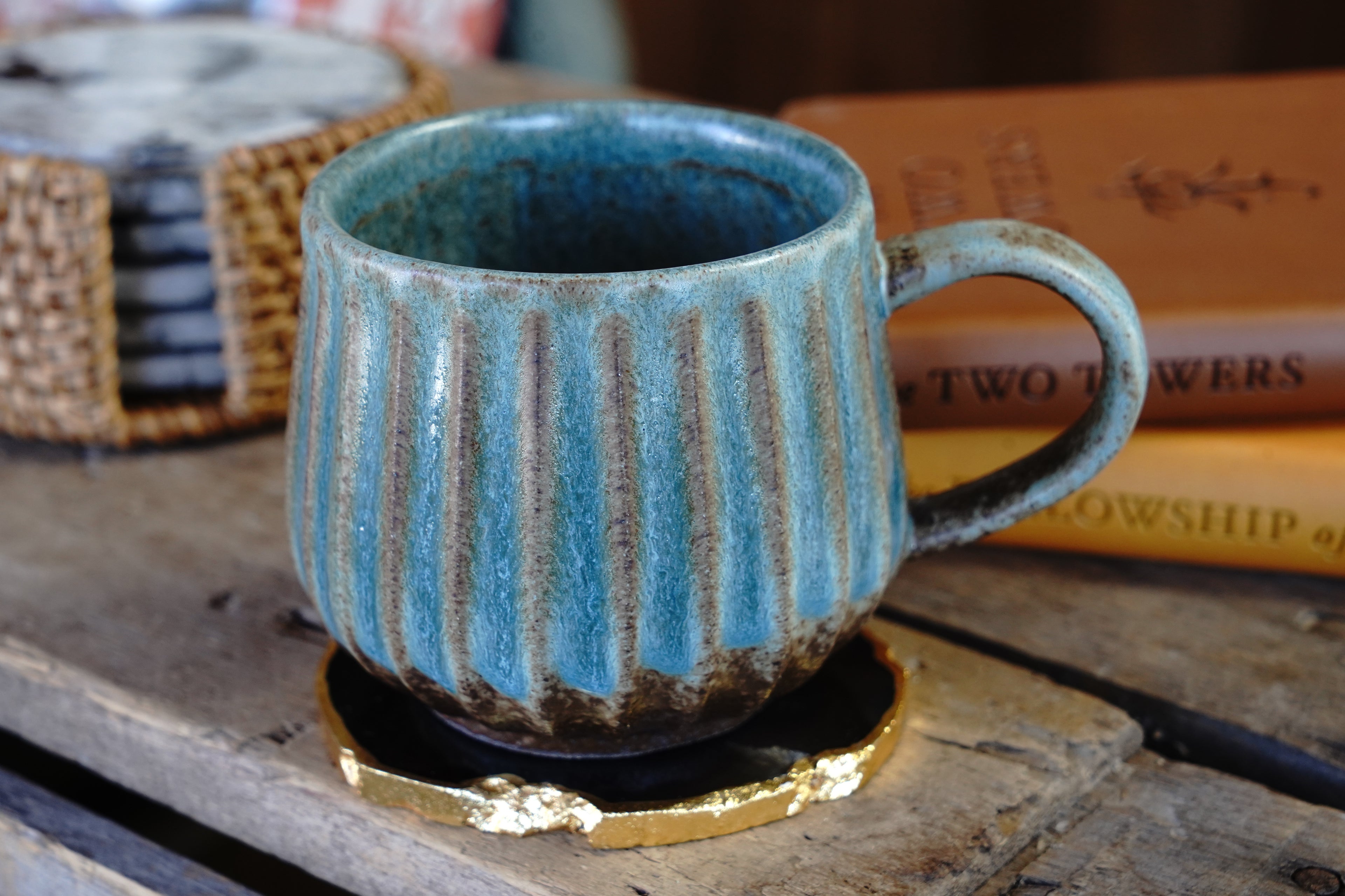 Handmade Vertical Stripe Turquoise Ceramic Vintage Pottery Mug 13oz