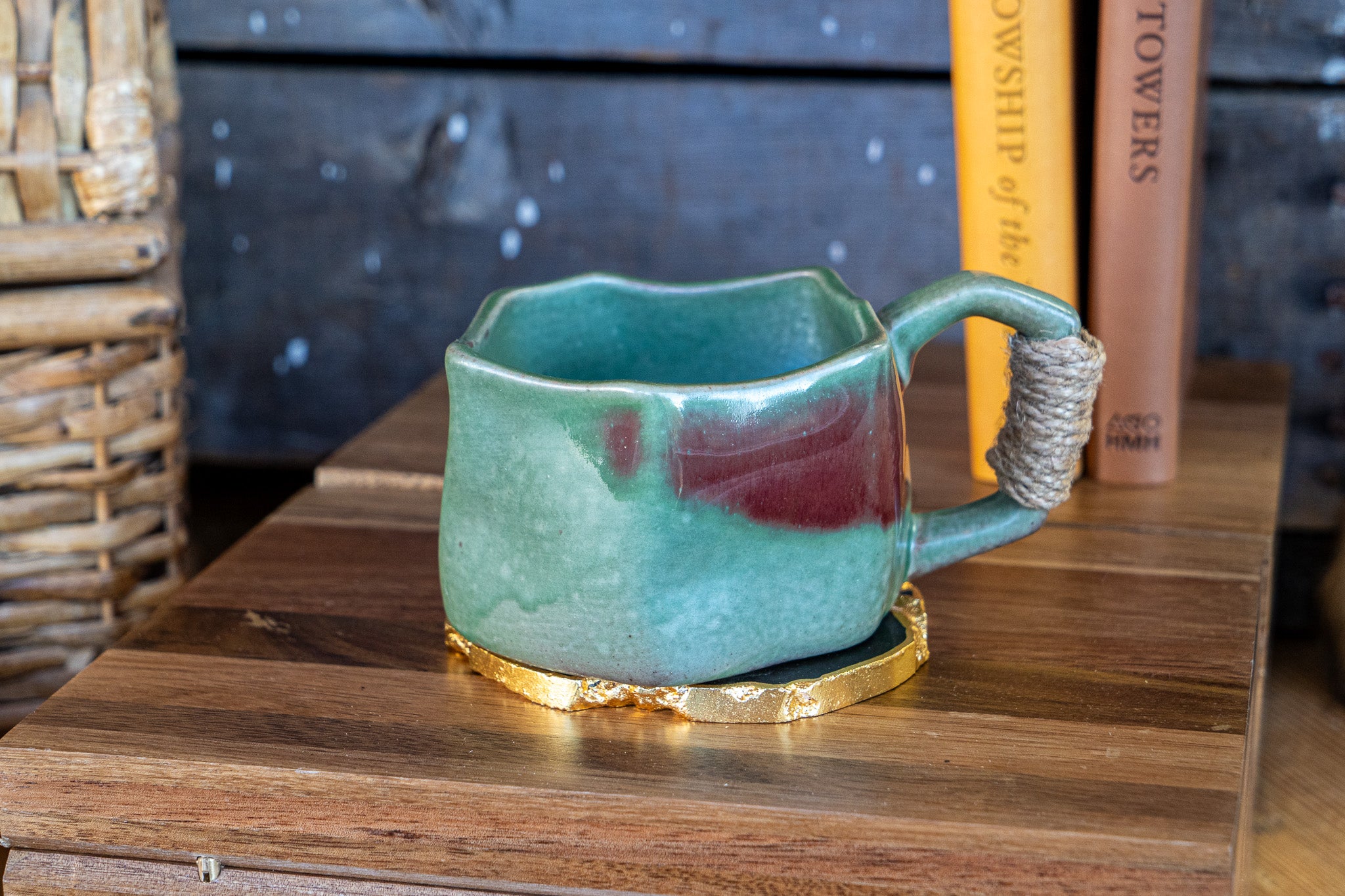 Handcrafted Sage Stoneware Mug with Rope-Wrapped Handle