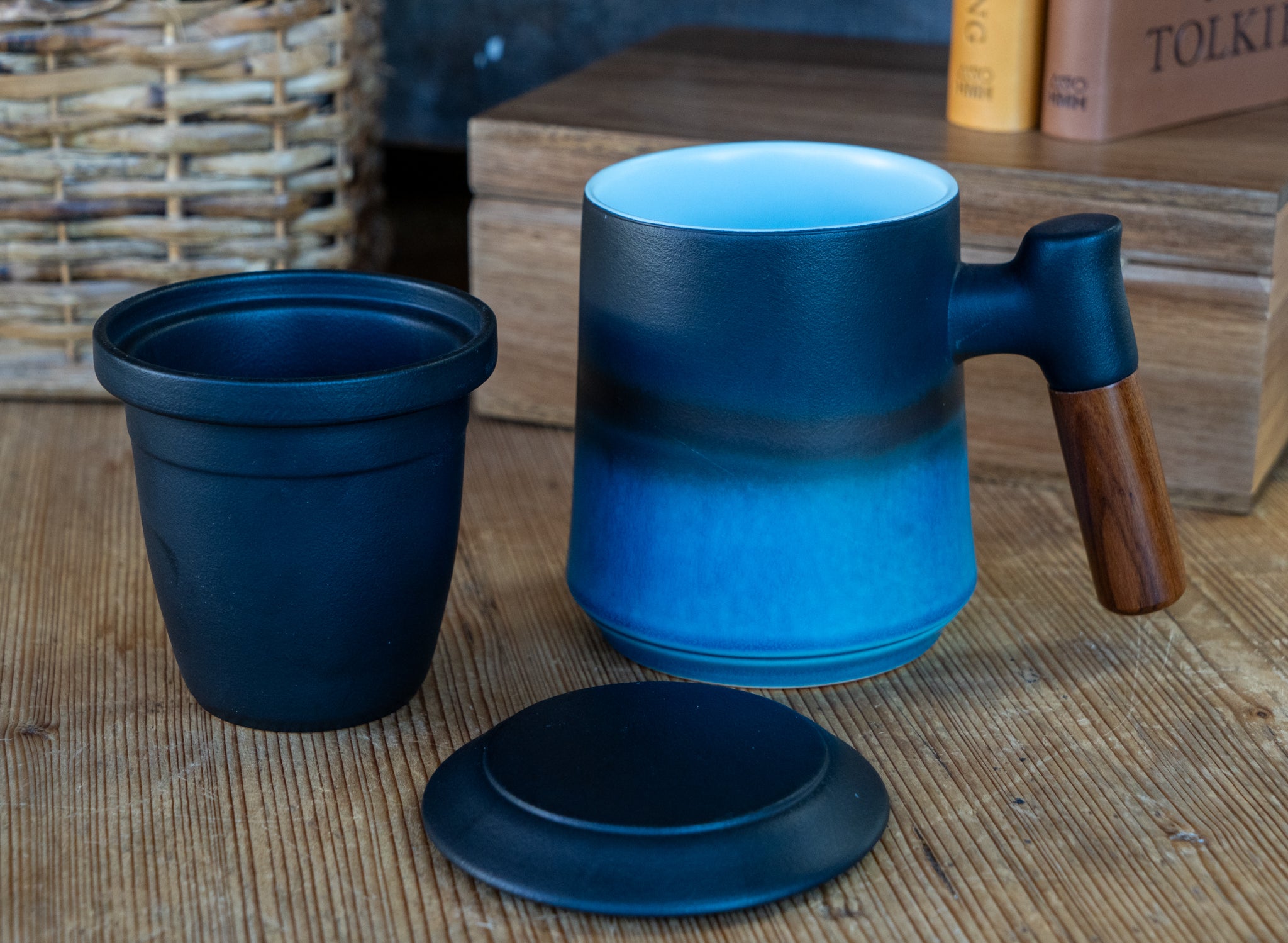 Japanese Ceramic Loose Tea Steeping Mug with Wood Handle