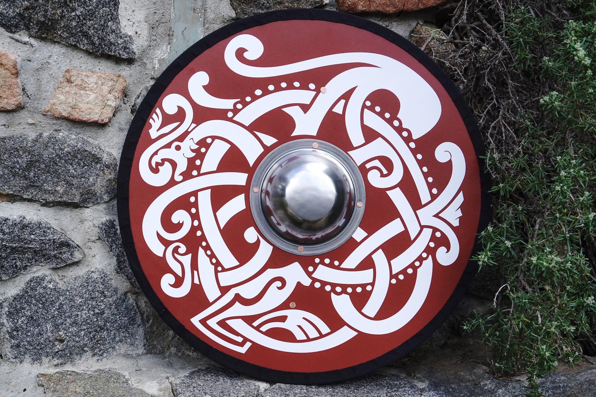 Wooden Toy Viking Shield with Real Steel Boss and Norse Knotwork Design