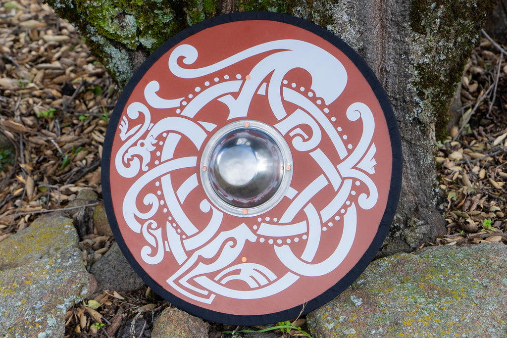 Wooden Toy Viking Shield with Real Steel Boss and Norse Knotwork Design