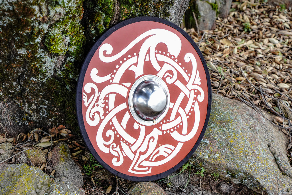 Wooden Toy Viking Shield with Real Steel Boss and Norse Knotwork Design