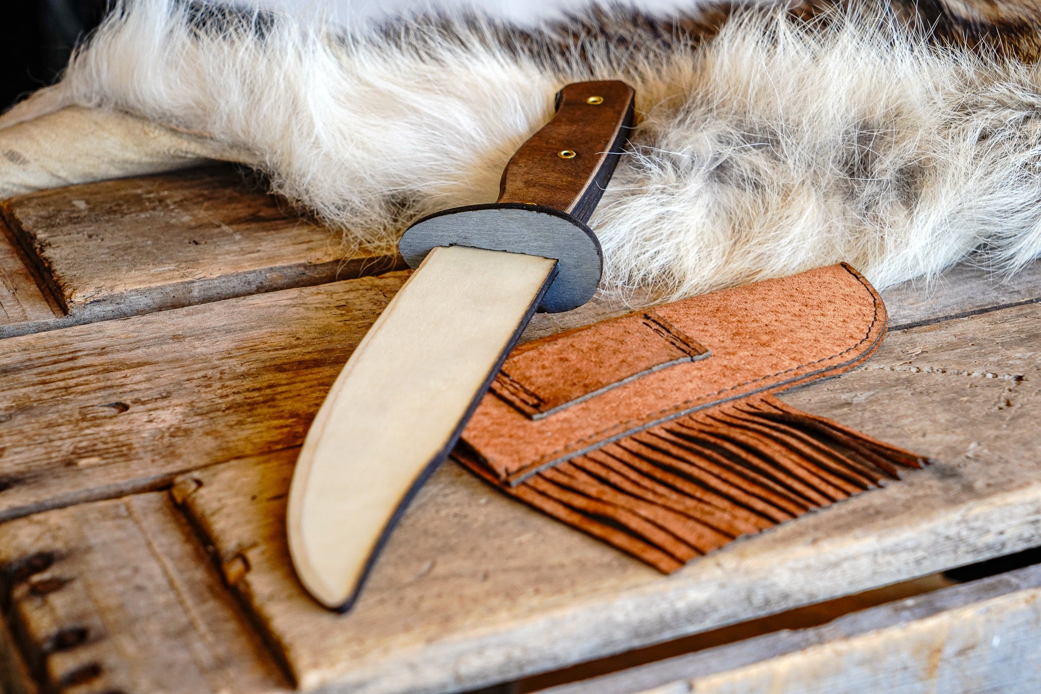 Handcrafted Play Wooden Bowie Knife with Leather Sheath