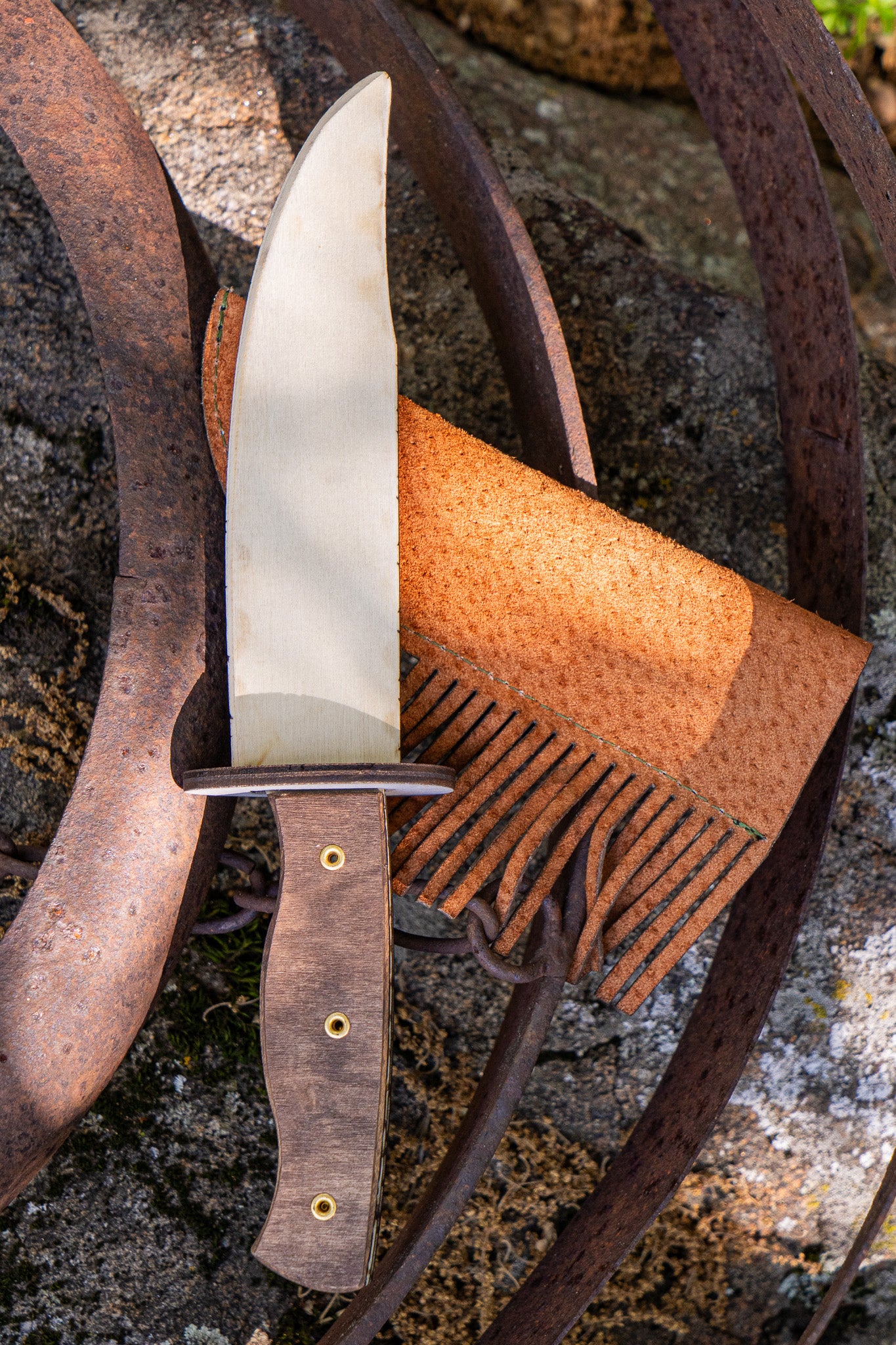 Play Wooden Bowie Knife with Real Leather Sheath