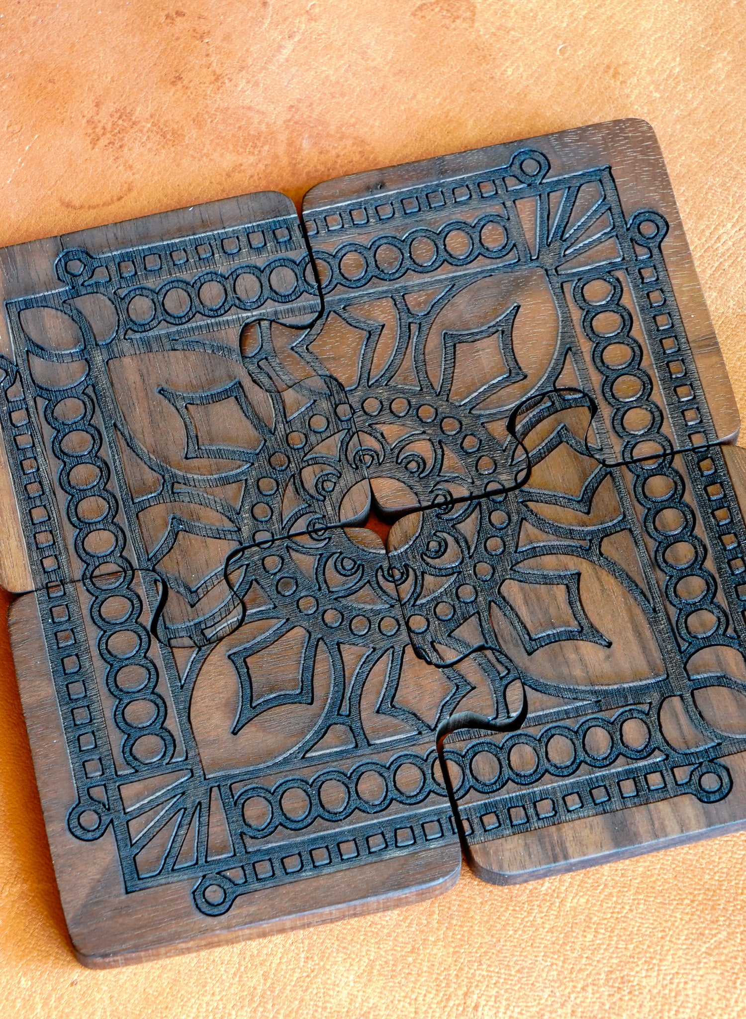 Interlocking Walnut Wood Puzzle Piece Coaster Set Trivet Combo