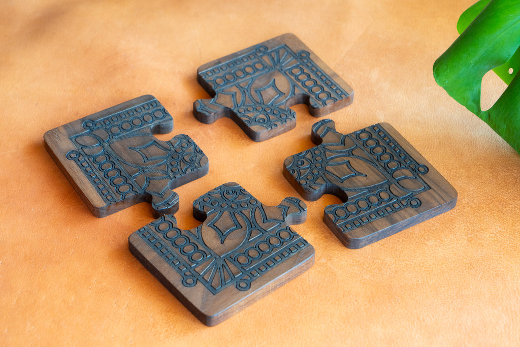 Wooden Puzzle Coaster Set with Engraved Design