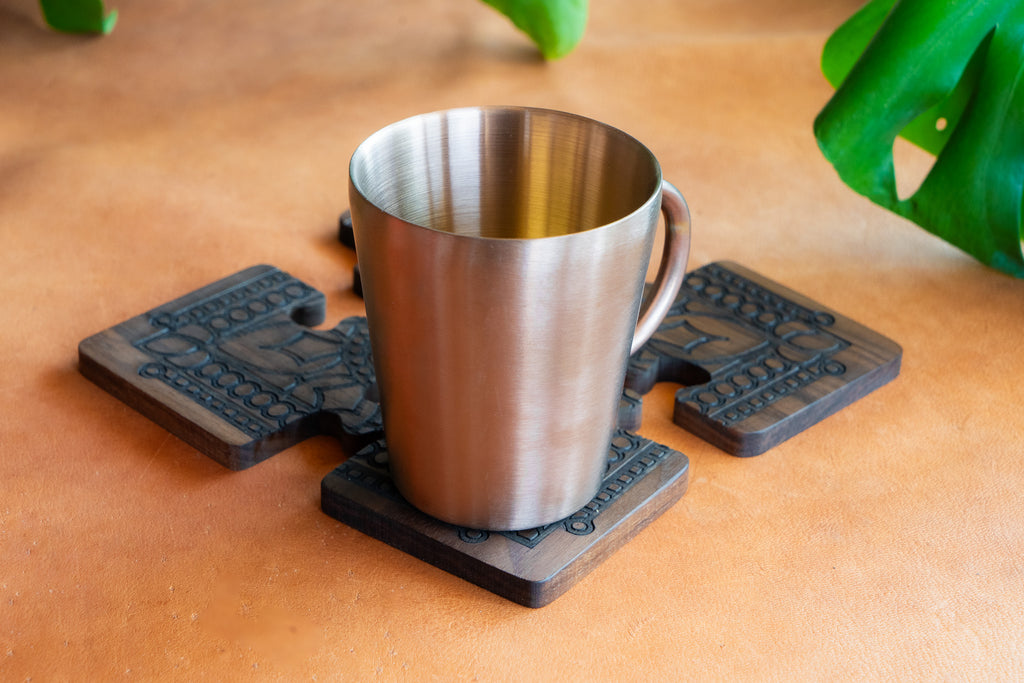 Wooden Puzzle Coaster Set with Engraved Design