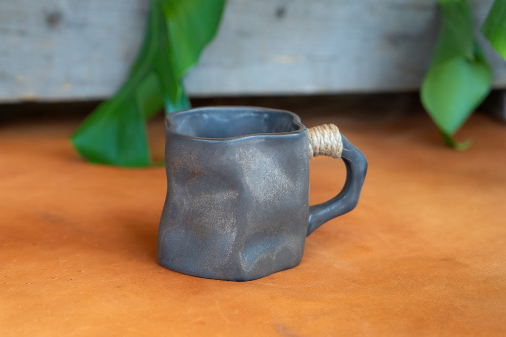 Rustic Modern Dark Ceramic Mug with Rope Wrapped Handle