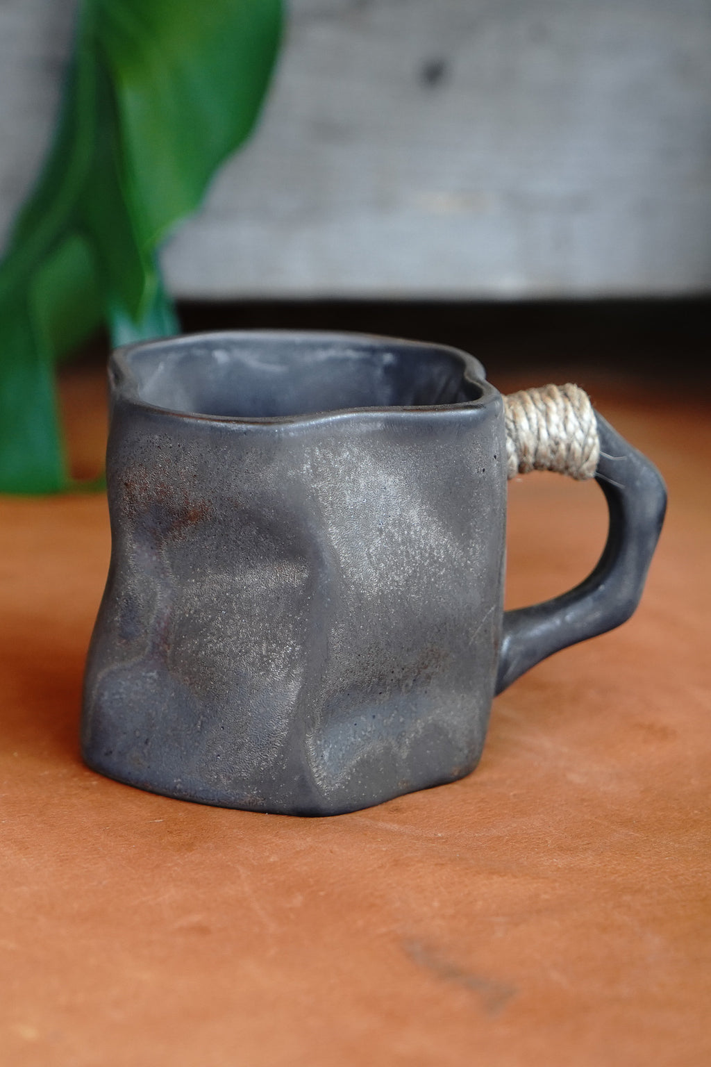 Rustic Modern Dark Ceramic Mug with Rope Wrapped Handle