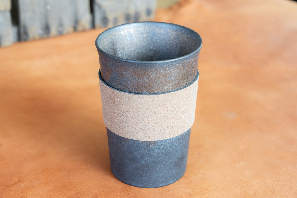 Rustic Handleless Bronze Cup with Leather Cork Sleeve