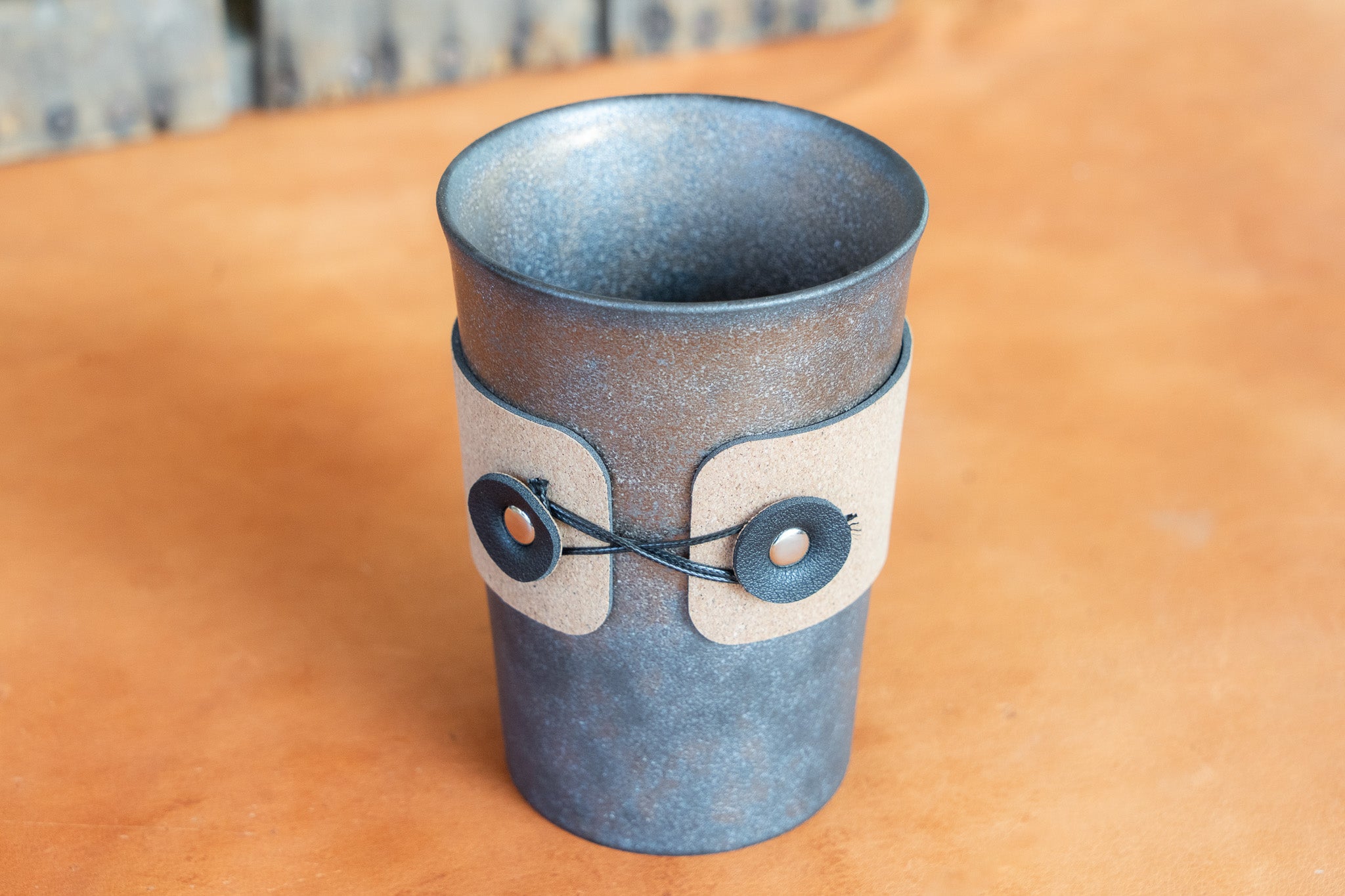 Rustic Handleless Bronze Cup with Leather Cork Sleeve