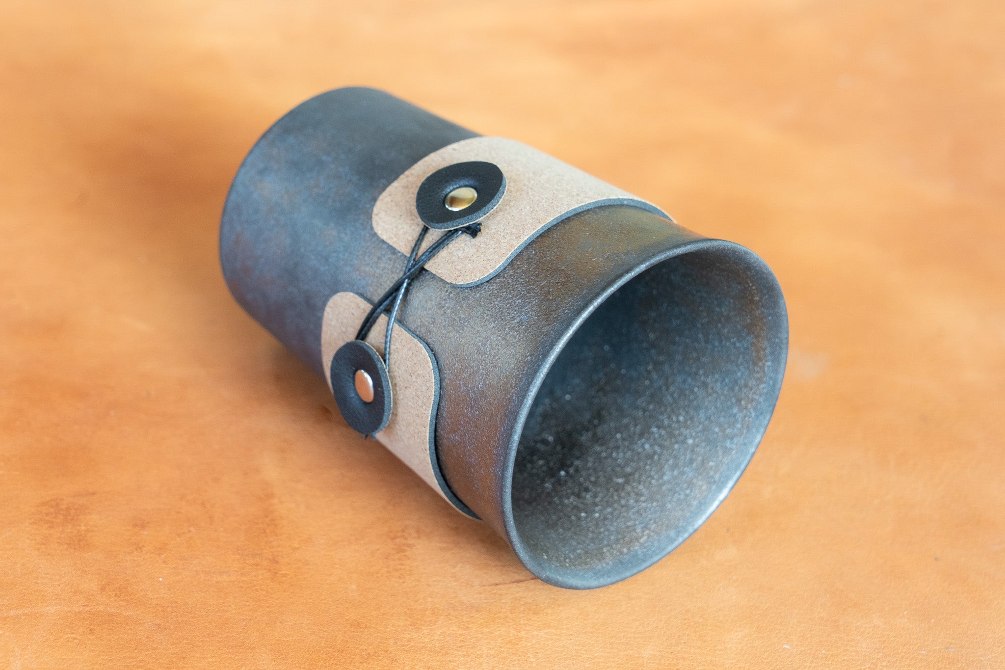 Rustic Handleless Bronze Cup with Leather Cork Sleeve
