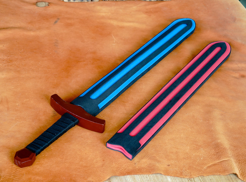 Wood Toy Sword with Padded EVA Foam Cover and Wooden Sheath - Red Blue or Grey
