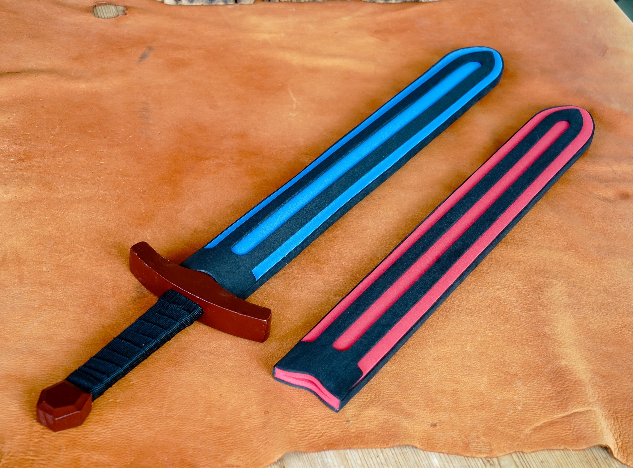 Wood Toy Sword with Padded EVA Foam Cover and Wooden Sheath - Red Blue or Grey
