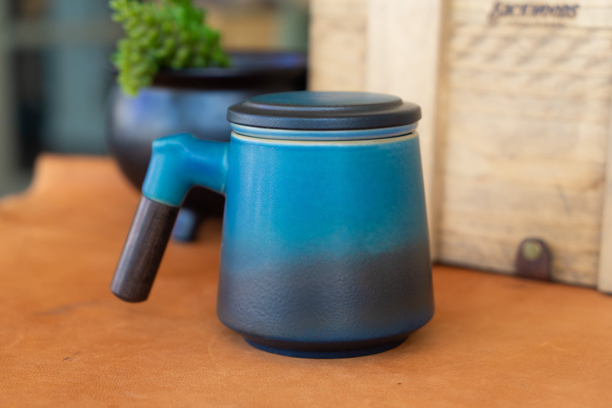 Modern Japanese Inspired Blue Ceramic Tea Steeping Mug