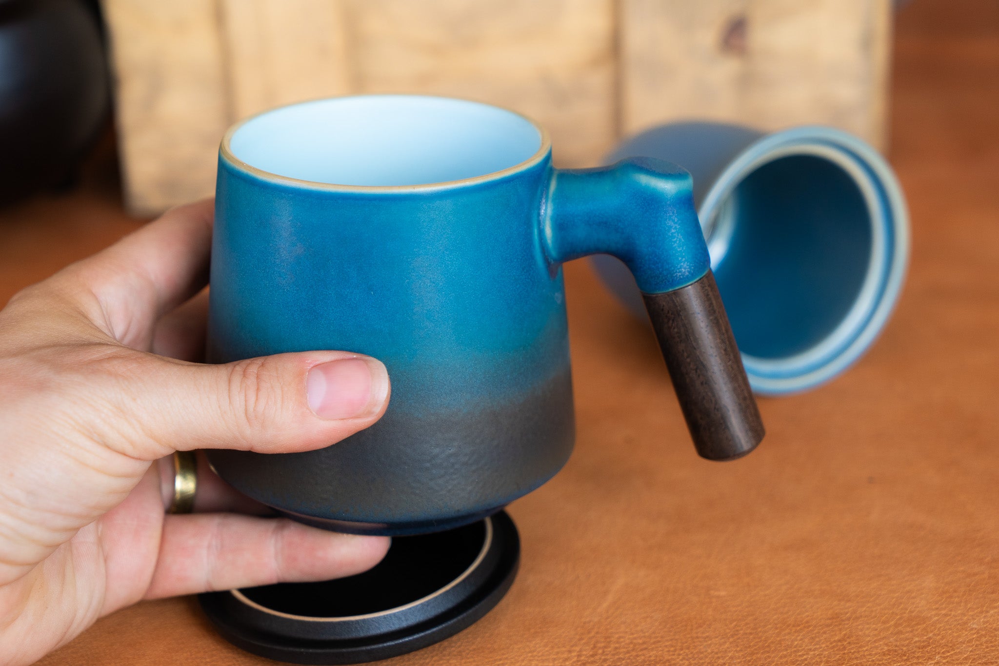 Modern Japanese Inspired Blue Ceramic Tea Steeping Mug
