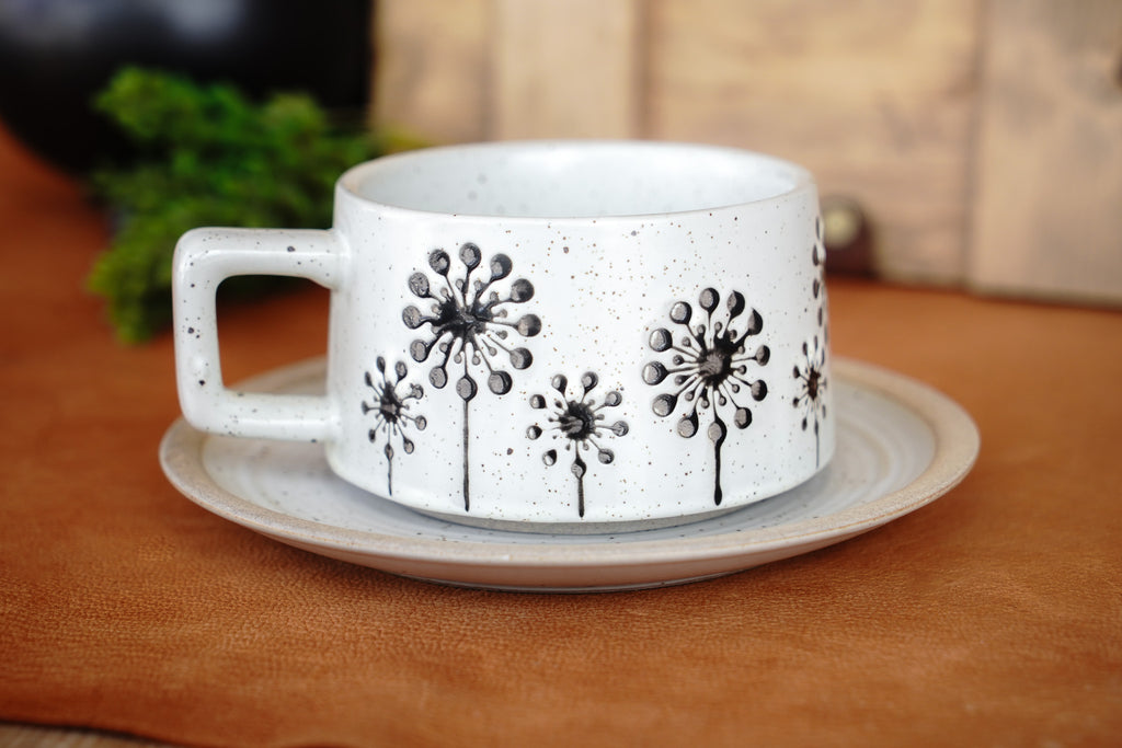 Cottagecore Embossed Mug Set - Silver Metallic Floral Design