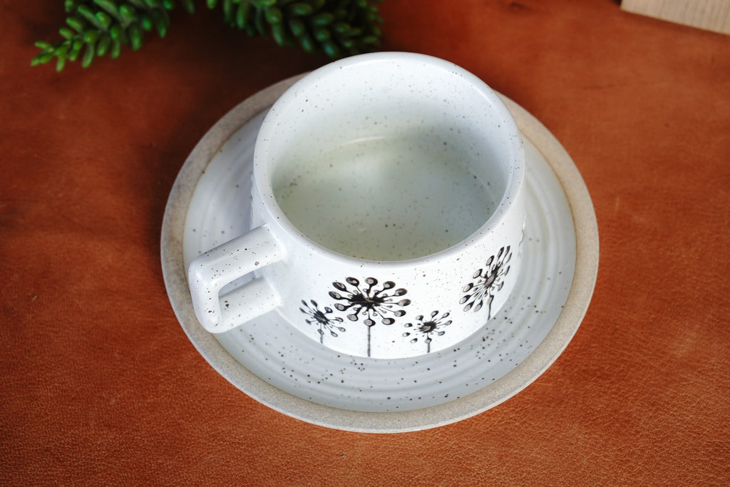 White Speckled Ceramic Mug Set - Silver Metallic Floral Design