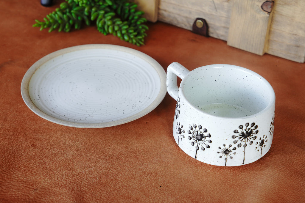 White Speckled Ceramic Mug Set - Silver Metallic Floral Design