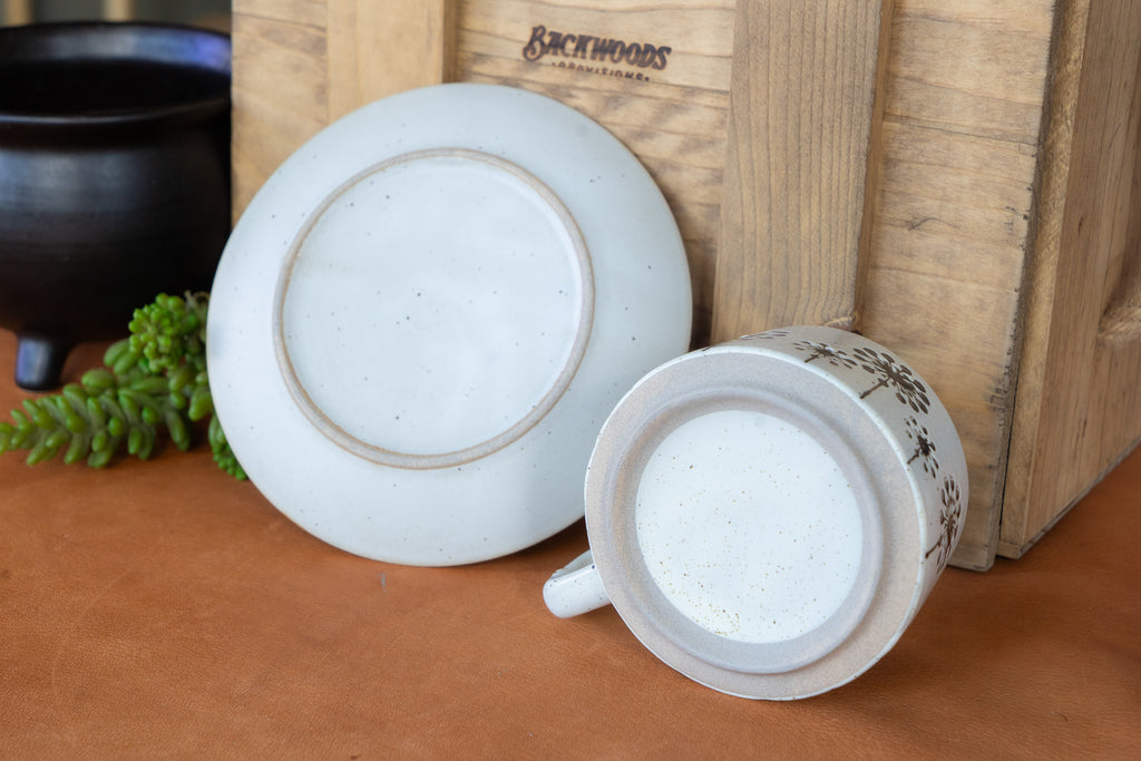 White Speckled Ceramic Mug Set - Silver Metallic Floral Design