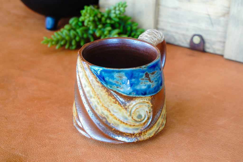 Coastal Rustic Wave Mug with Rope Wrapped Handle