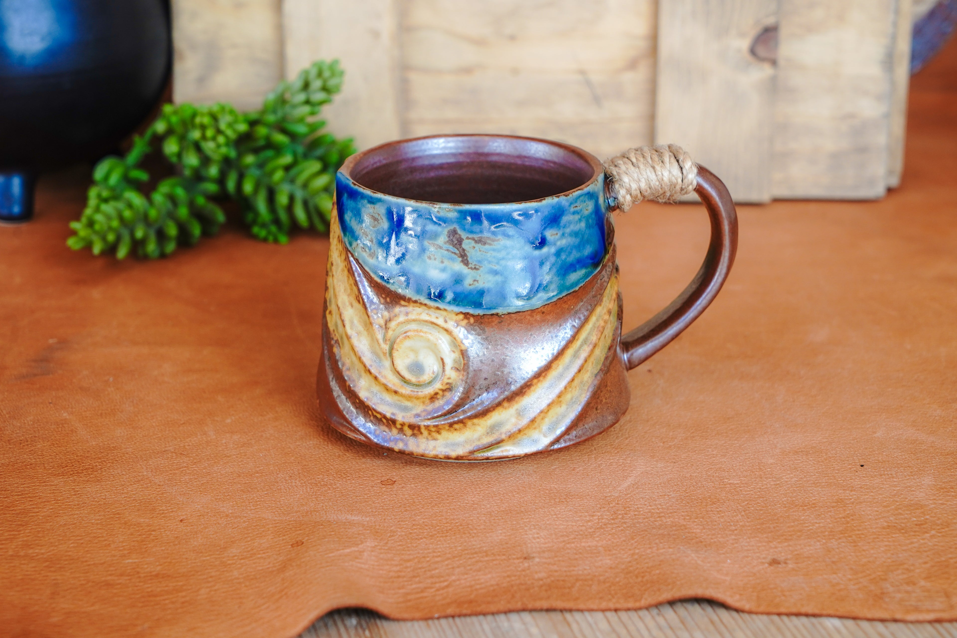 Coastal Rustic Wave Mug with Rope Wrapped Handle