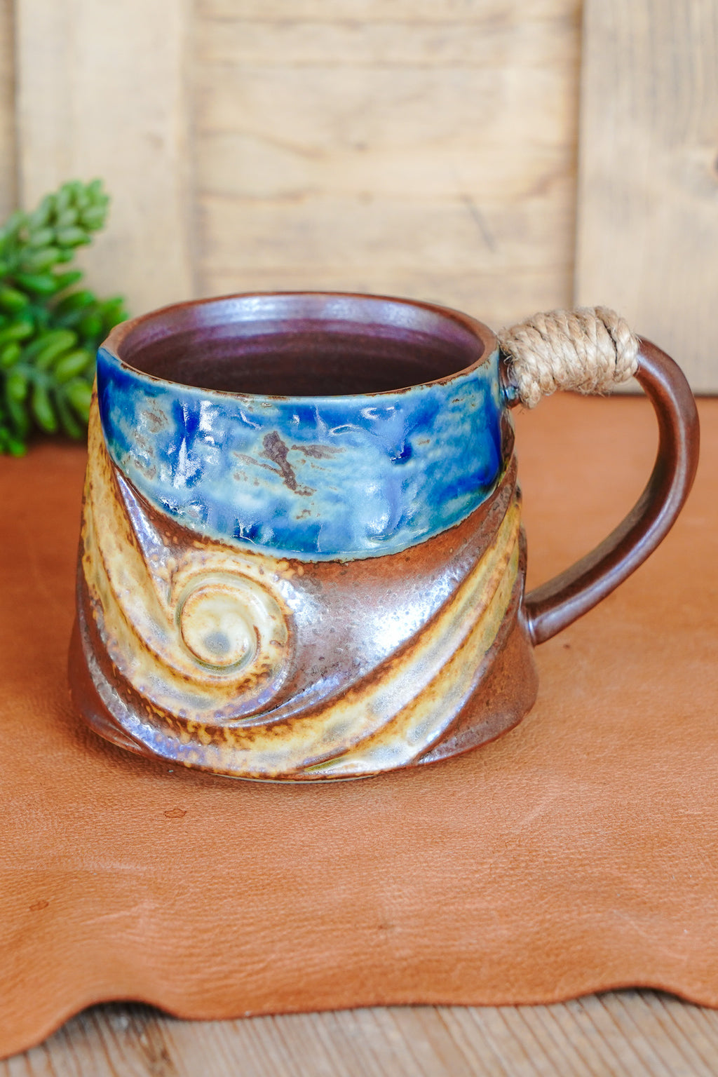 Coastal Rustic Wave Mug with Rope Wrapped Handle