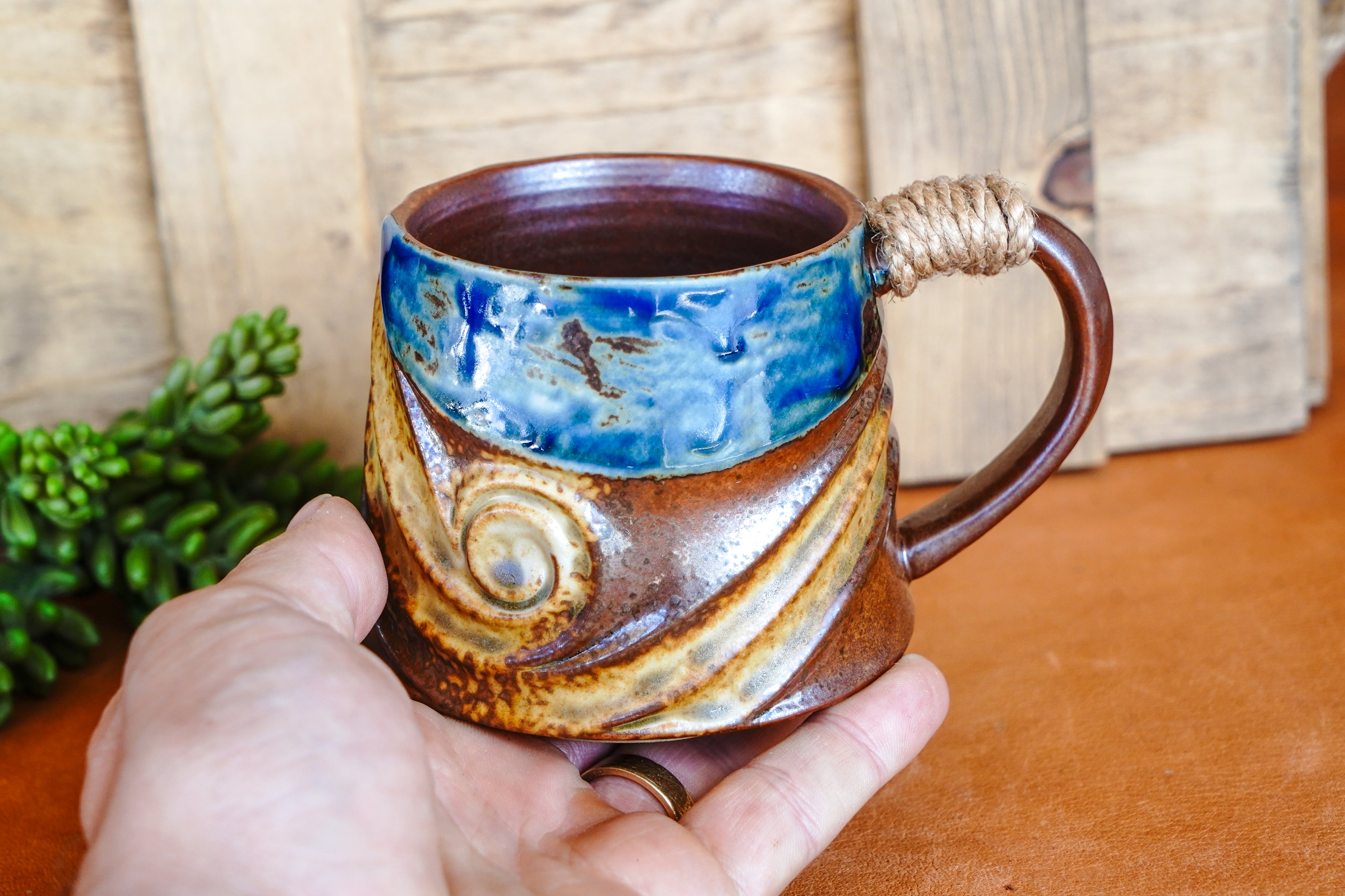 Coastal Rustic Wave Mug with Rope Wrapped Handle