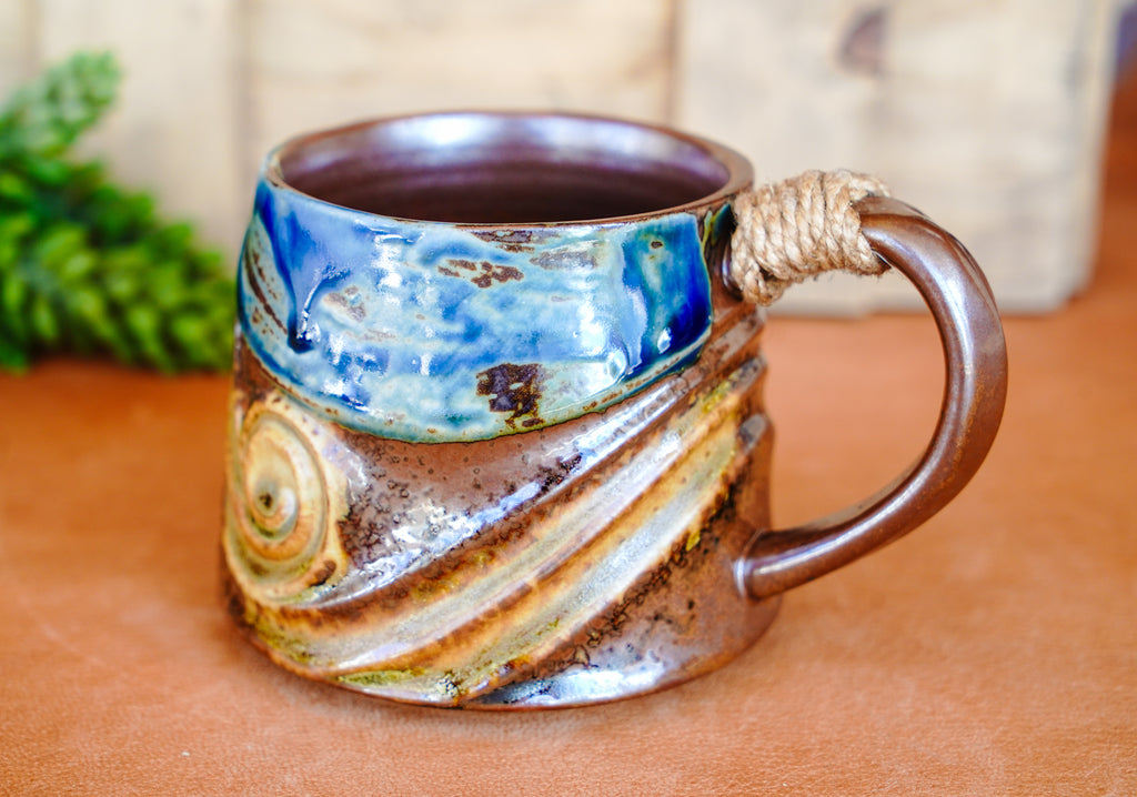 Coastal Rustic Wave Mug with Rope Wrapped Handle