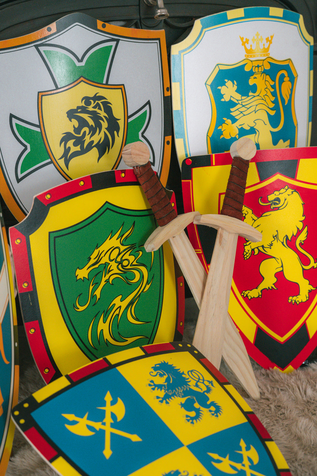 Kids Wooden Medieval Play Set | 2 swords 2 shields | Mix & Match