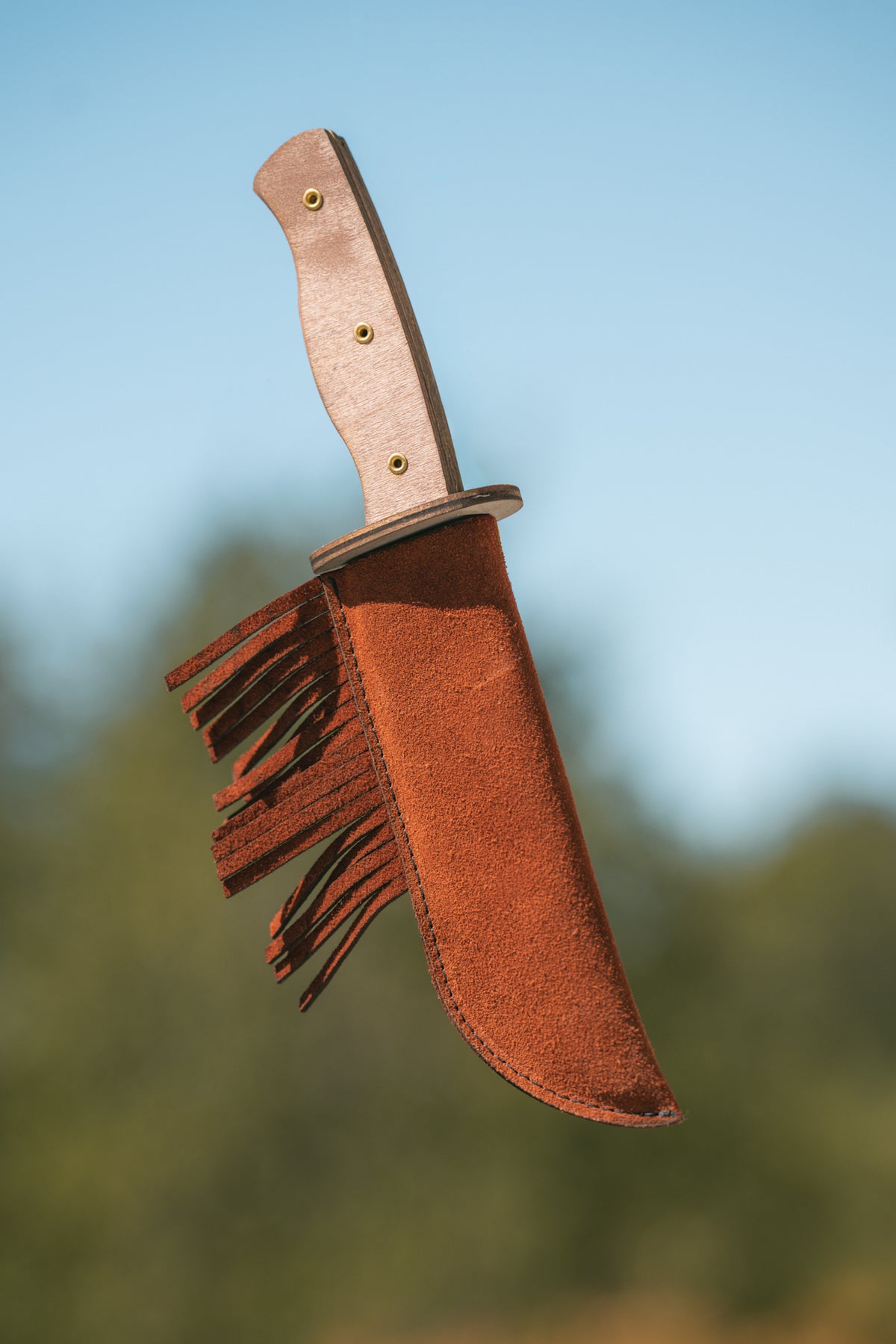 Play Wooden Bowie Knife with Real Leather Sheath