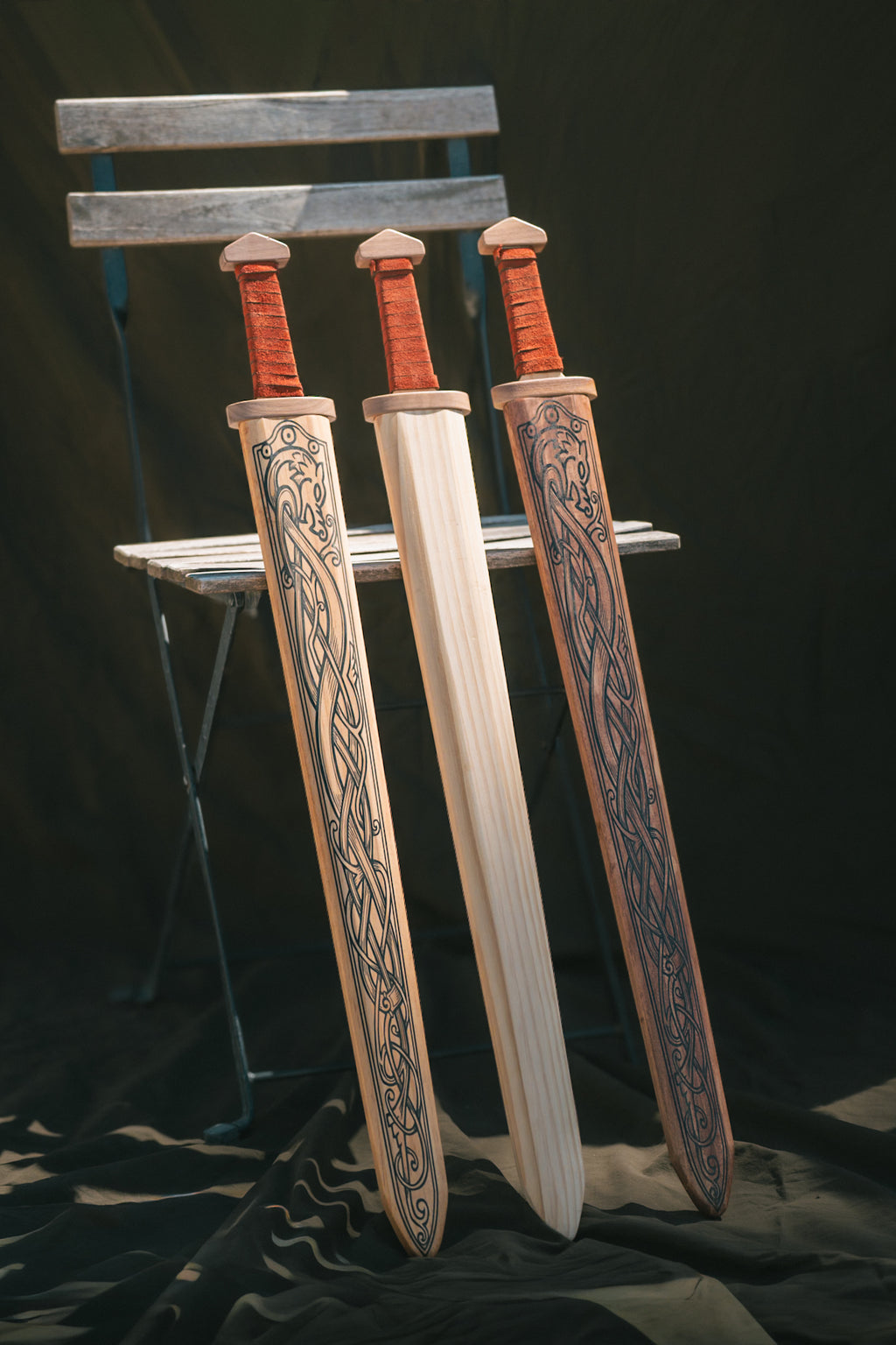 Large Wood Replica Viking Sword with Norse Motif