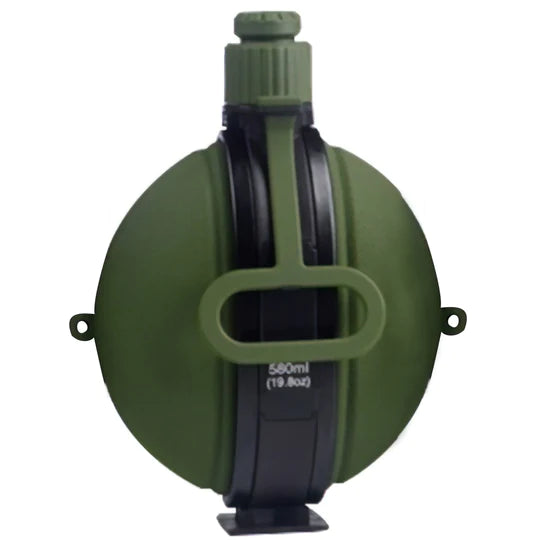 A collapsible green canteen, holding 580ML of fluid.