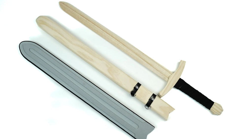 Ready To Paint Wooden Toy Sword with Padded EVA Foam Sparring Cover and Wooden Sheath